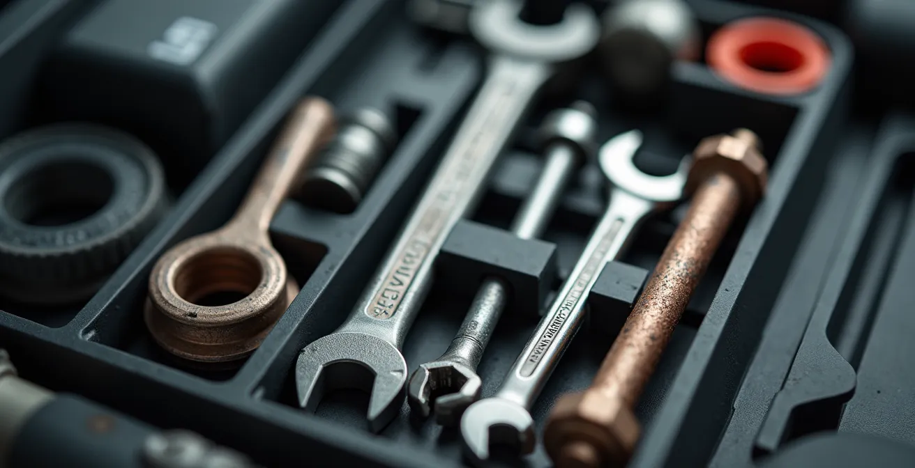 Intérieur d'un véhicule de plomberie avec équipements professionnels organisés