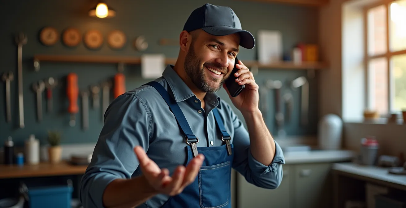 Plombier au téléphone rassurant un client avec gestes apaisants