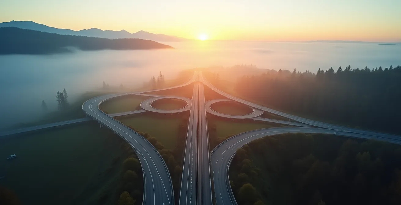 Vue aérienne du réseau routier dense en Suisse avec intersections autoroutières