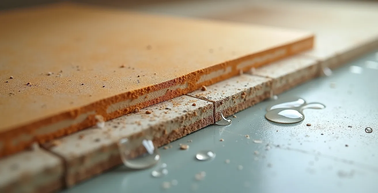 Coupe transversale d'un plafond en plâtre montrant la progression de l'humidité avec différentes zones de saturation