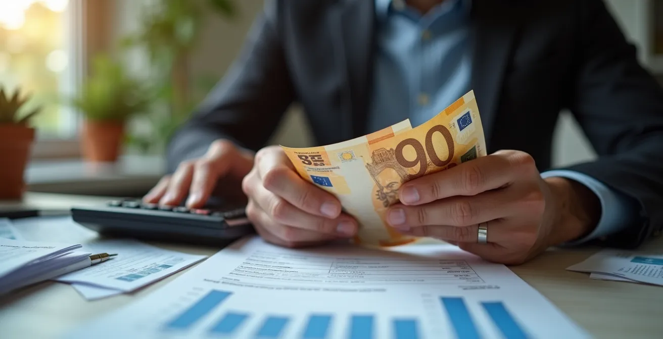 Mains comptant des billets d'euros avec calculatrice et devis flous en arrière-plan