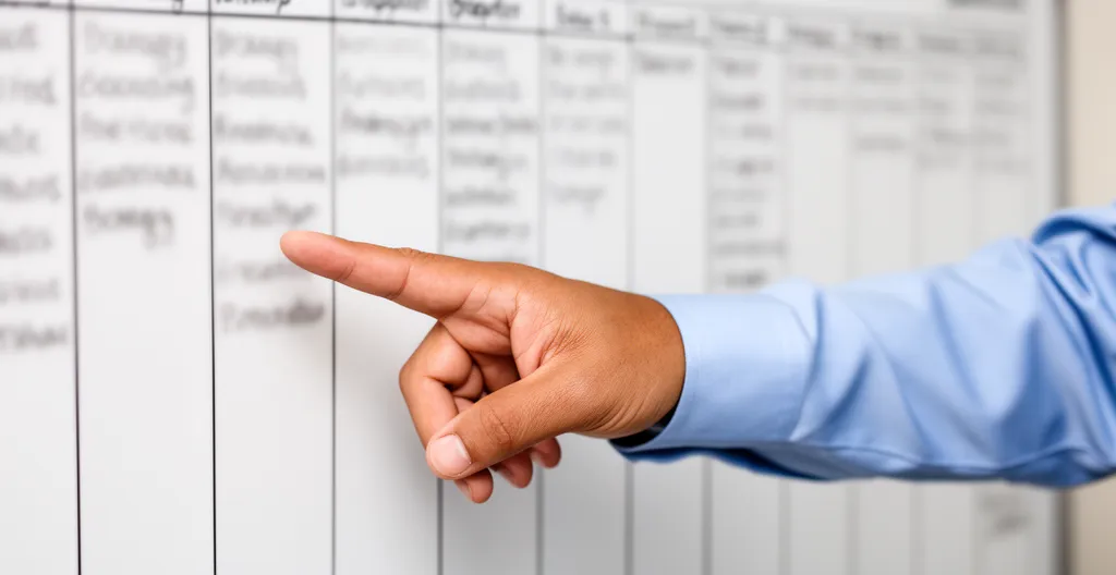 Main de responsable pointant tableau mural avec colonnes symptômes et causes