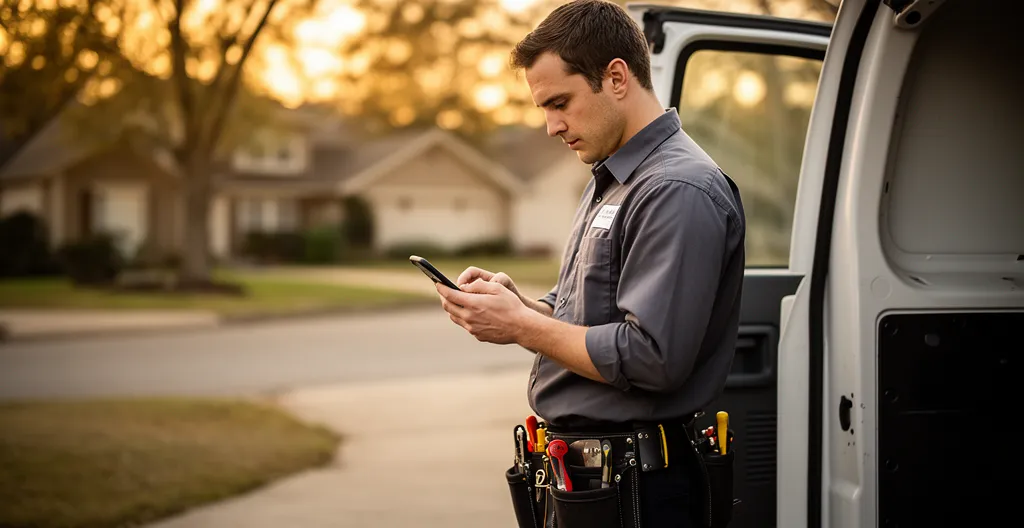 Technicien debout près véhicule saisissant rapport sur smartphone