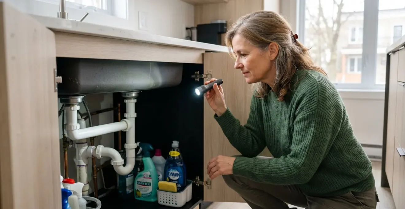 Femme d'âge moyen propriétaire accroupie inspectant avec une lampe de poche la tuyauterie sous l'évier de sa cuisine résidentielle québécoise moderne, geste préventif de vérification, armoire ouverte, regard dirigé vers les tuyaux
