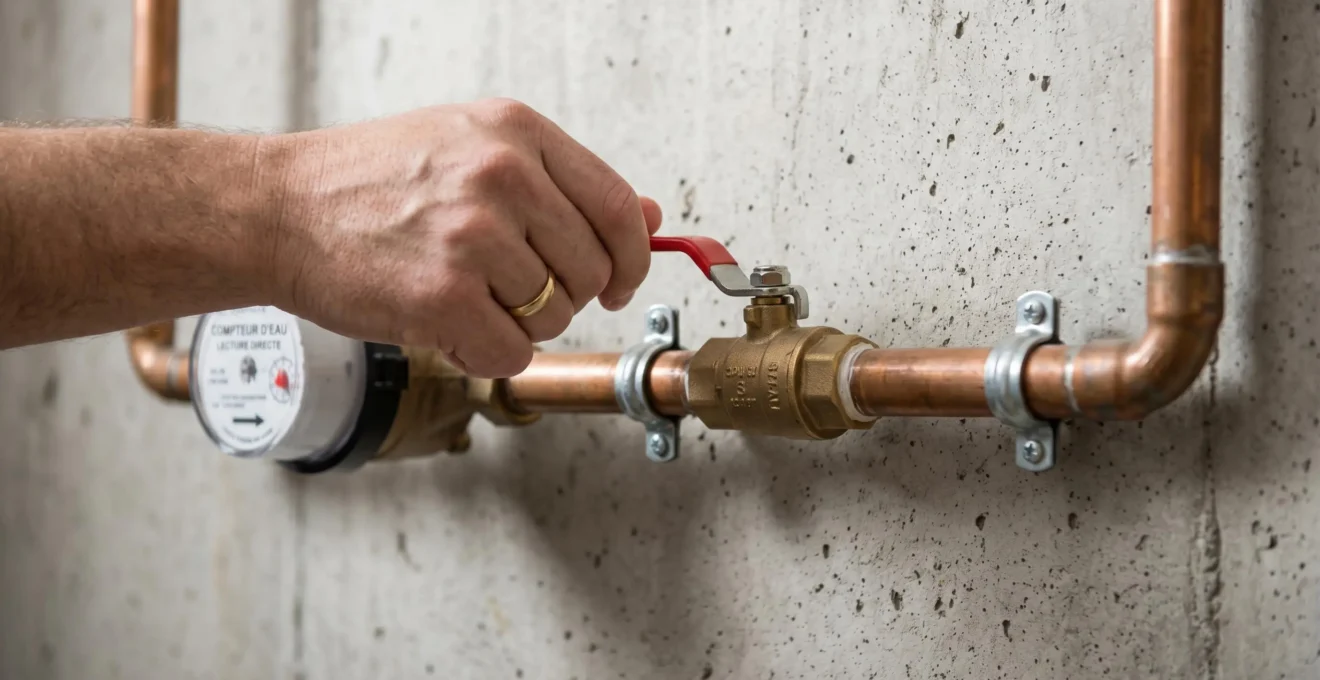 Gros plan d'une main de propriétaire tournant une valve d'arrêt principale d'eau rouge montée sur un mur de béton de sous-sol résidentiel, tuyauterie en cuivre visible, geste d'urgence pour couper l'alimentation