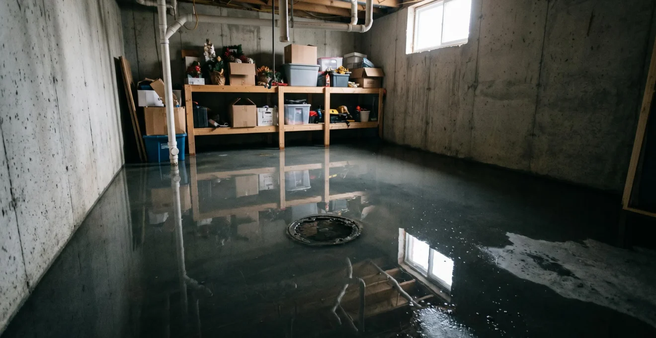 Sous-sol résidentiel québécois avec eau stagnante au sol autour d'un drain de plancher, suggérant un refoulement d'égout, murs de béton et objets entreposés visibles, lumière naturelle de fenêtre de sous-sol