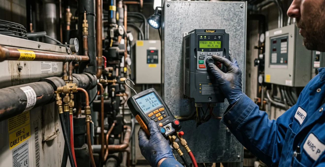Gros plan sur des mains réglant un variateur de fréquence relié à une installation de climatisation.