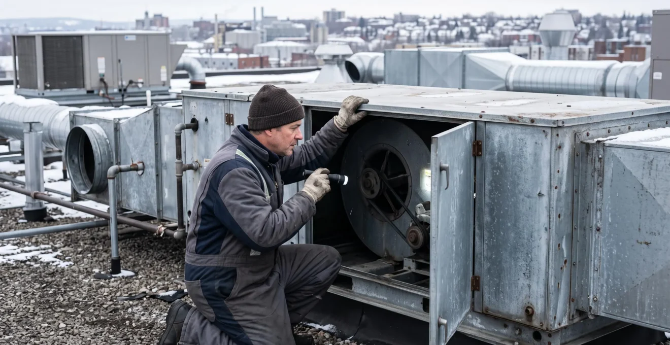 Mécanicien en bâtiment inspectant une unité de traitement d'air sur le toit plat d'un bâtiment institutionnel en hiver.