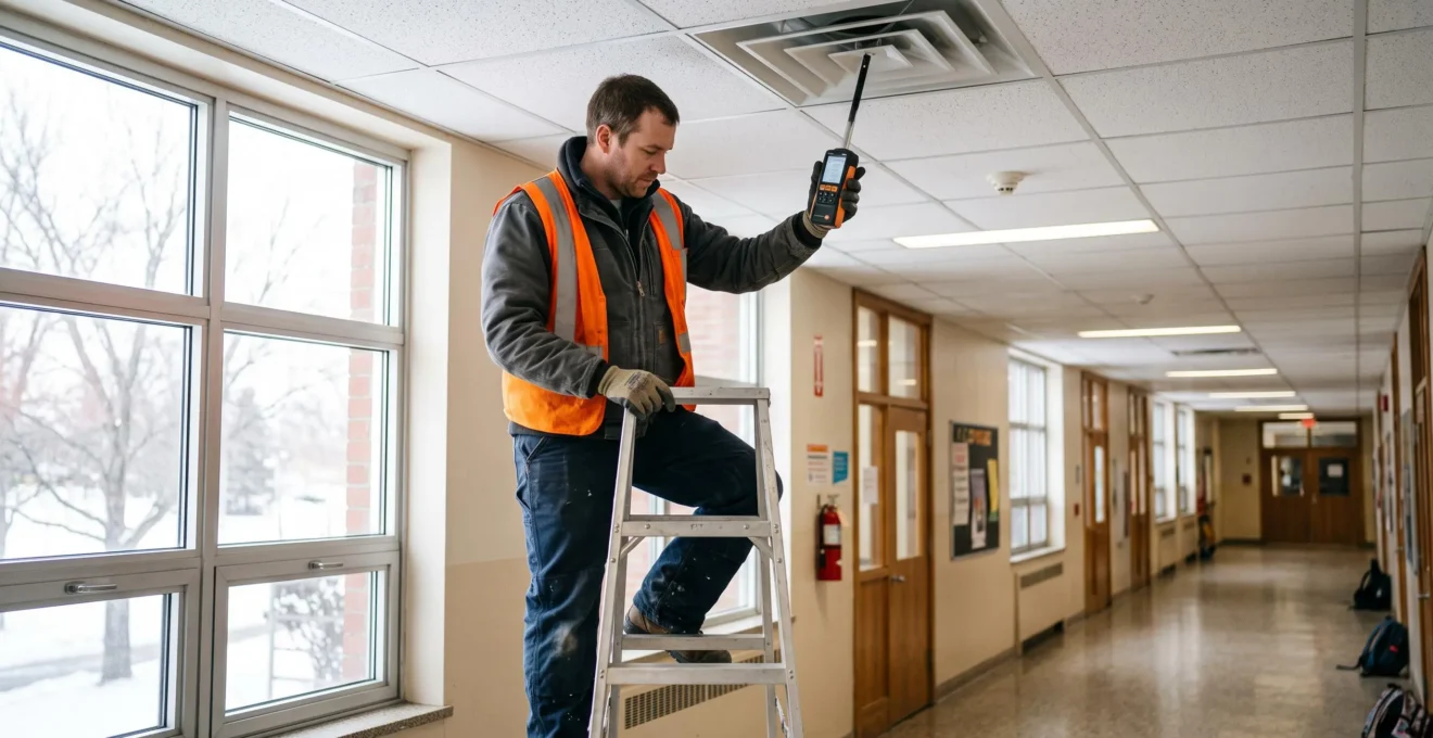 Technicien en CVC mesurant le débit d'air d'un diffuseur de plafond avec un anémomètre dans un corridor d'école.
