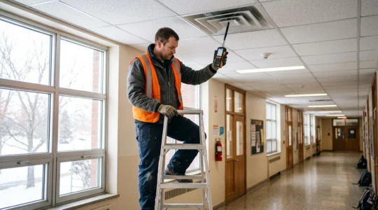 Technicien en CVC mesurant le débit d'air d'un diffuseur de plafond avec un anémomètre dans un corridor d'école.
